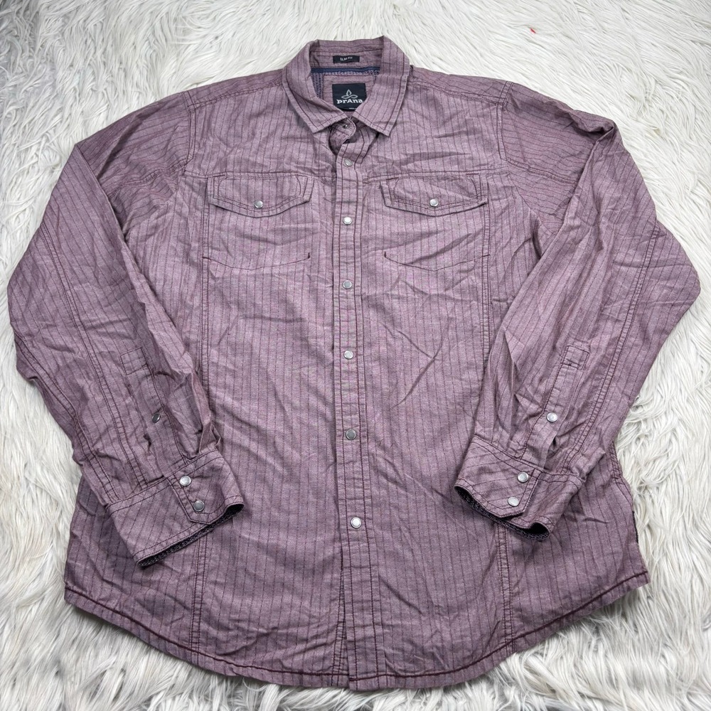 Prana Men's M Slim Fit Burgundy Woven Stripe Hollis Shirt Pearl Snap Western